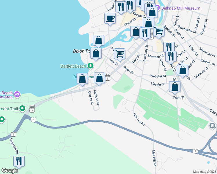 map of restaurants, bars, coffee shops, grocery stores, and more near 25 Mathews Court in Laconia