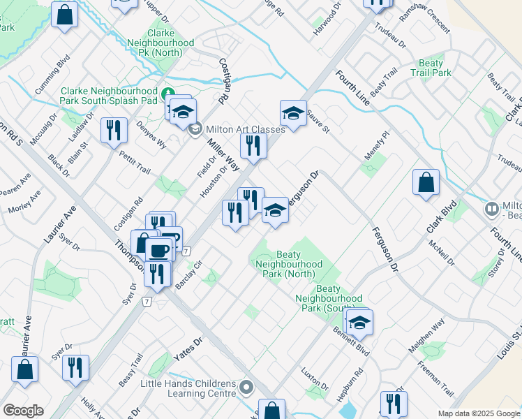 map of restaurants, bars, coffee shops, grocery stores, and more near 604 Hamilton Crescent in Milton