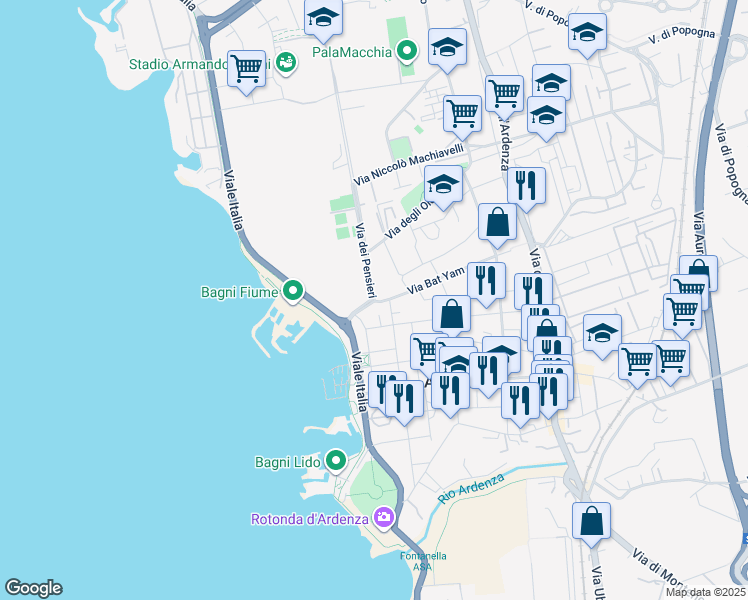 map of restaurants, bars, coffee shops, grocery stores, and more near 56 Via dei Pensieri in Livorno