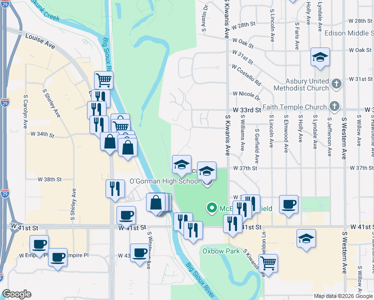 map of restaurants, bars, coffee shops, grocery stores, and more near 2806 South Ridgeview Way in Sioux Falls