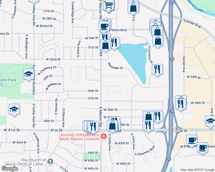 map of restaurants, bars, coffee shops, grocery stores, and more near 5211 W Thurman Dr in Sioux Falls