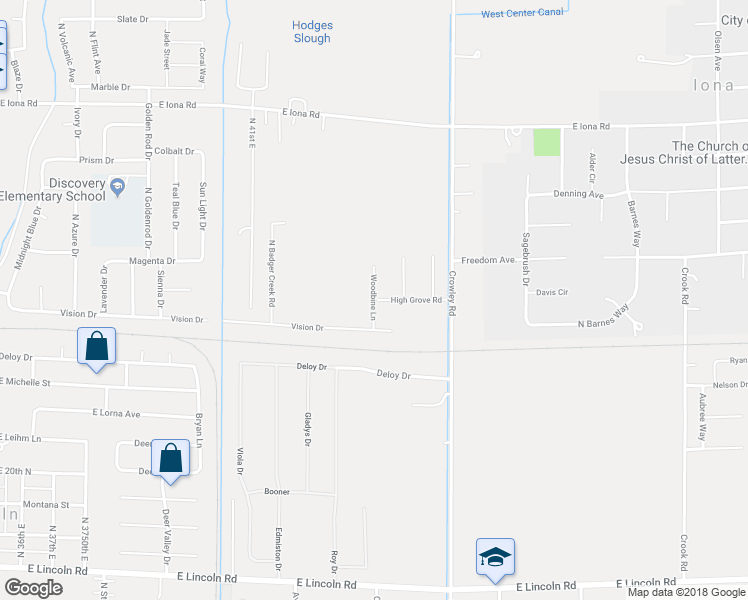 map of restaurants, bars, coffee shops, grocery stores, and more near Woodbine Lane in Idaho Falls