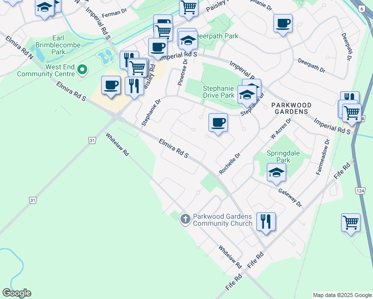 map of restaurants, bars, coffee shops, grocery stores, and more near 244 Elmira Road South in Guelph