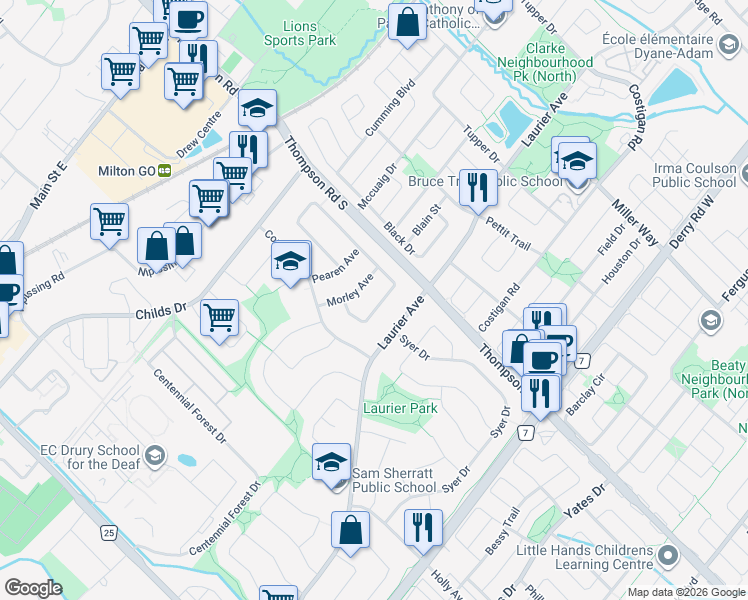 map of restaurants, bars, coffee shops, grocery stores, and more near 877 Anderson Avenue in Milton
