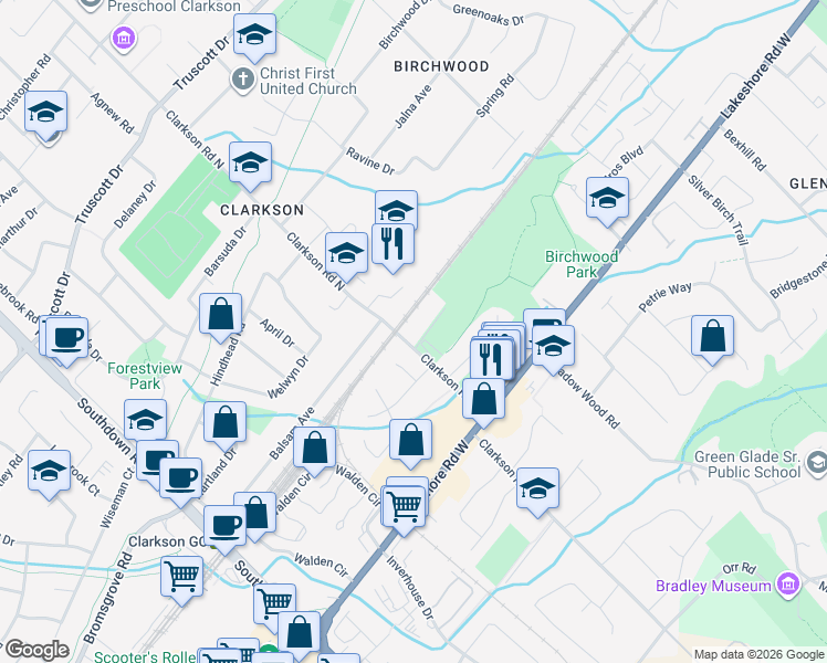 map of restaurants, bars, coffee shops, grocery stores, and more near 1111 Clarkson Road North in Mississauga