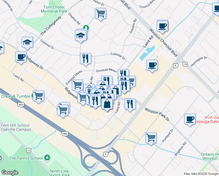 map of restaurants, bars, coffee shops, grocery stores, and more near in Mississauga