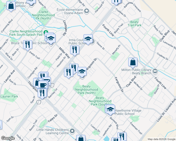 map of restaurants, bars, coffee shops, grocery stores, and more near 620 Ferguson Drive in Milton