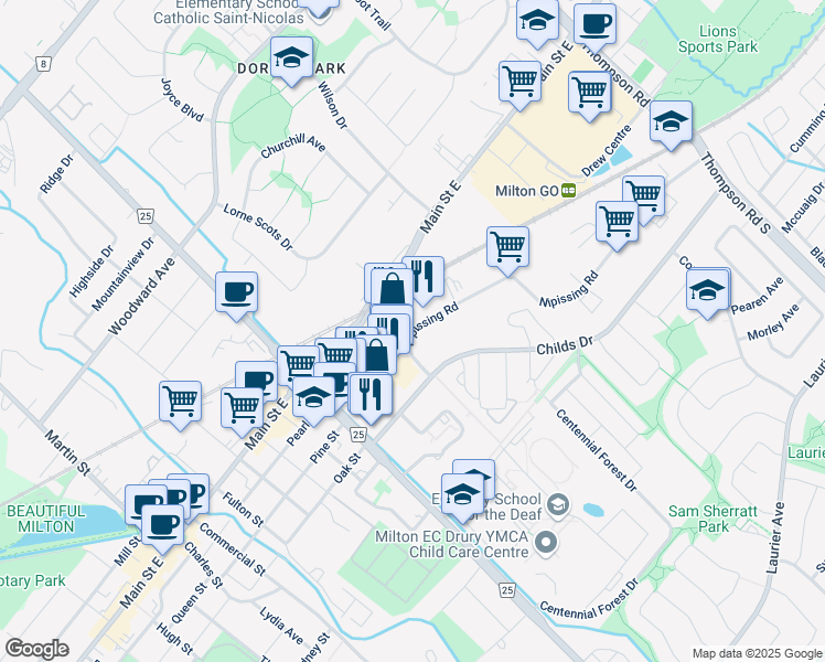 map of restaurants, bars, coffee shops, grocery stores, and more near 89 Nipissing Road in Milton