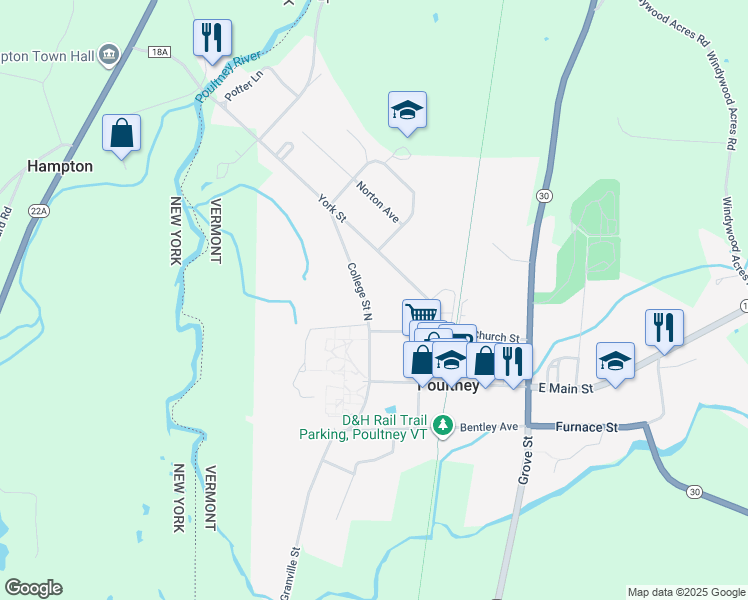 map of restaurants, bars, coffee shops, grocery stores, and more near 168 College St N in Poultney
