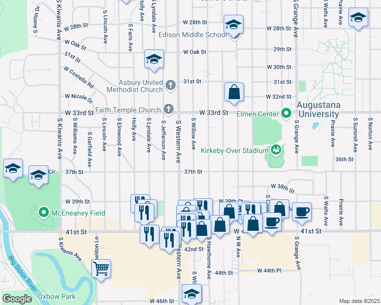map of restaurants, bars, coffee shops, grocery stores, and more near 2813 South Willow Avenue in Sioux Falls