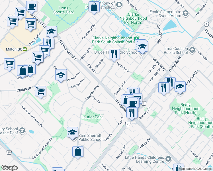 map of restaurants, bars, coffee shops, grocery stores, and more near McClenahan Crescent in Milton