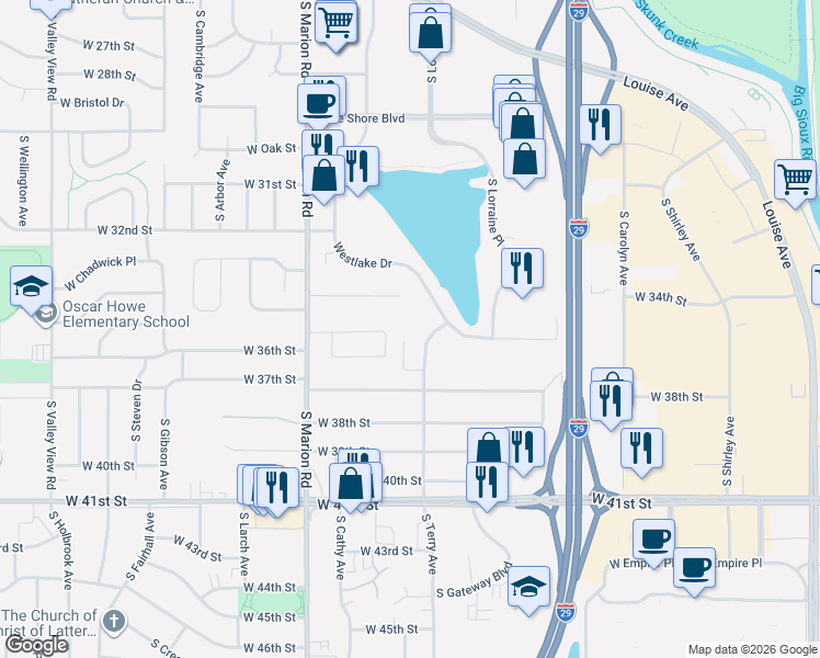 map of restaurants, bars, coffee shops, grocery stores, and more near 5001-5211 W Thurman Dr in Sioux Falls