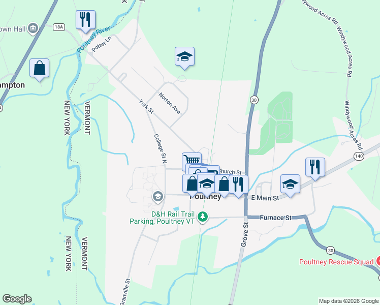 map of restaurants, bars, coffee shops, grocery stores, and more near 197 York Street in Poultney