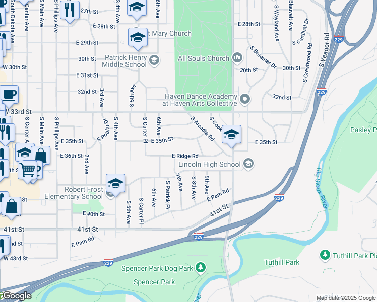 map of restaurants, bars, coffee shops, grocery stores, and more near 900-998 East Ridge Road in Sioux Falls