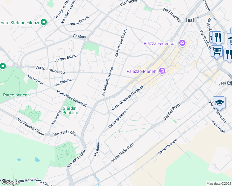 map of restaurants, bars, coffee shops, grocery stores, and more near 125 Viale della Vittoria in Jesi