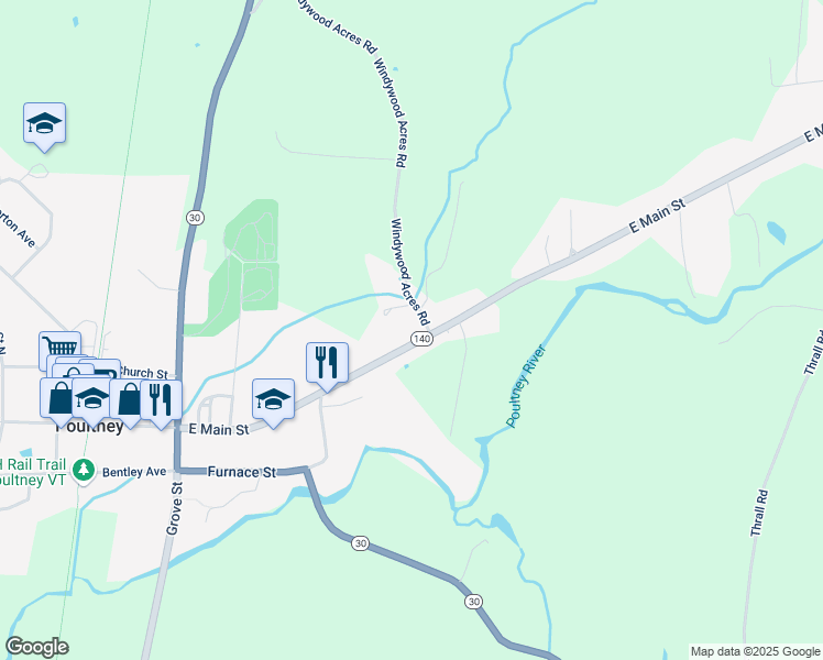 map of restaurants, bars, coffee shops, grocery stores, and more near 475 East Main Street in Poultney