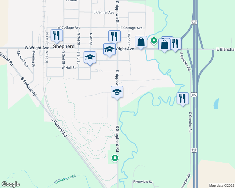 map of restaurants, bars, coffee shops, grocery stores, and more near 268 Schoolcrest Drive in Shepherd