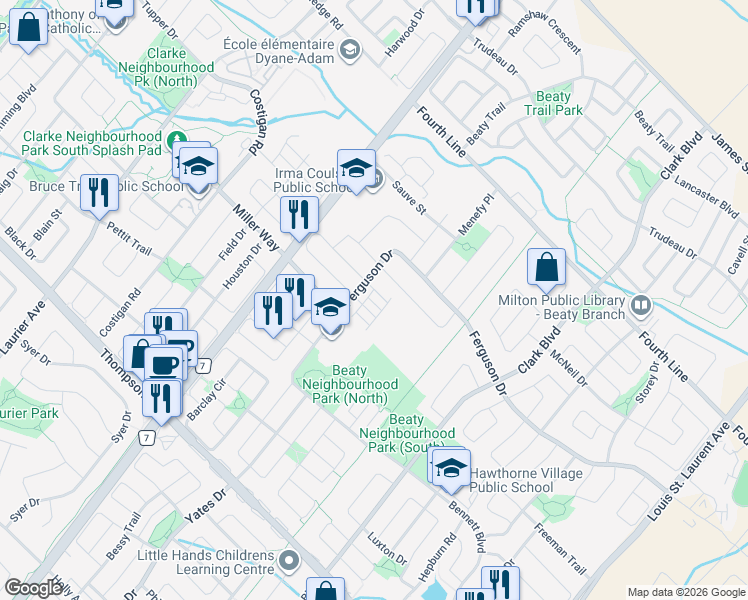 map of restaurants, bars, coffee shops, grocery stores, and more near 620 Ferguson Drive in Milton