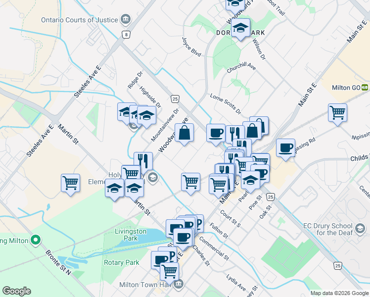 map of restaurants, bars, coffee shops, grocery stores, and more near 386 Broadway Avenue in Milton
