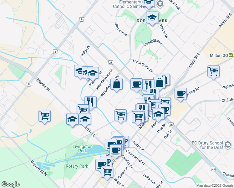 map of restaurants, bars, coffee shops, grocery stores, and more near 386 Broadway Avenue in Milton
