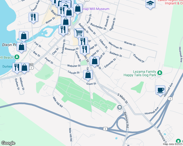 map of restaurants, bars, coffee shops, grocery stores, and more near 59 Garfield Street in Laconia