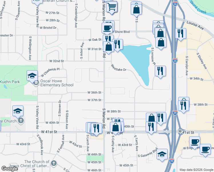 map of restaurants, bars, coffee shops, grocery stores, and more near 5217 West 35th Street in Sioux Falls