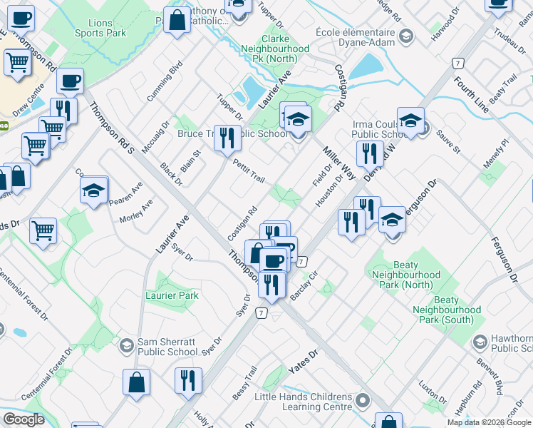 map of restaurants, bars, coffee shops, grocery stores, and more near 1075 Gorham Way in Milton
