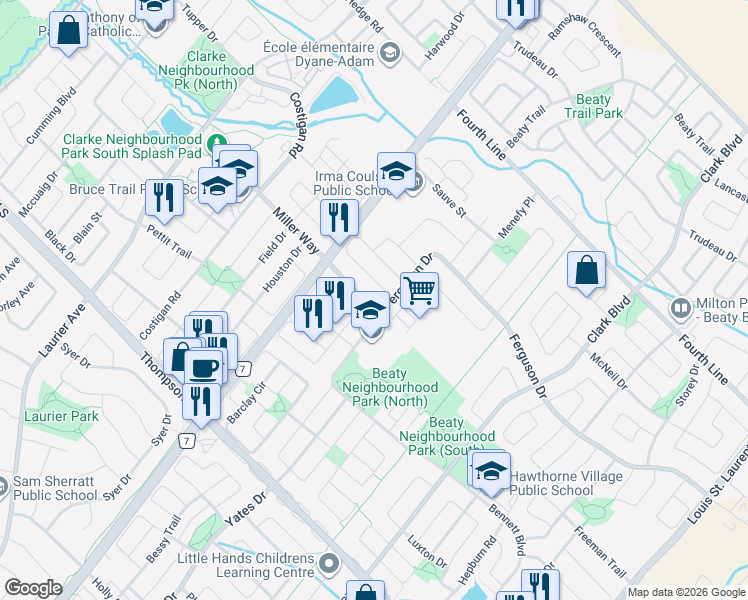 map of restaurants, bars, coffee shops, grocery stores, and more near 673 Armstrong Boulevard in Milton