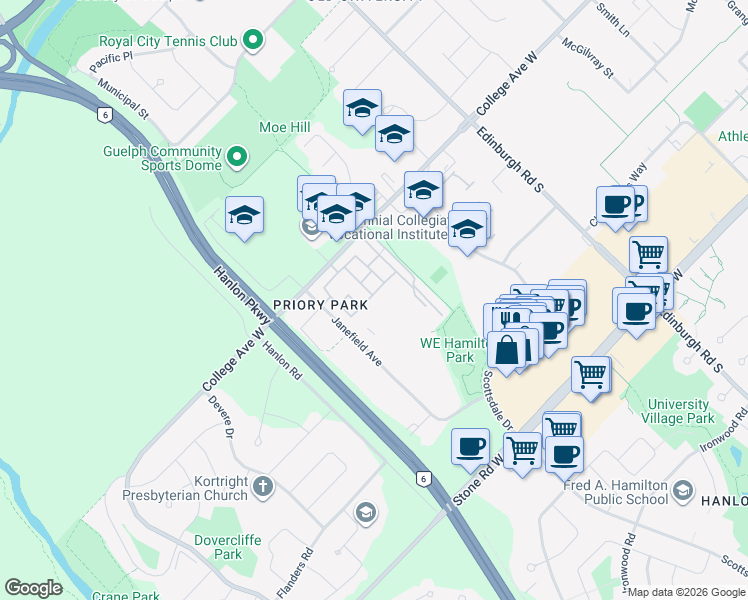 map of restaurants, bars, coffee shops, grocery stores, and more near 302 College Avenue West in Guelph