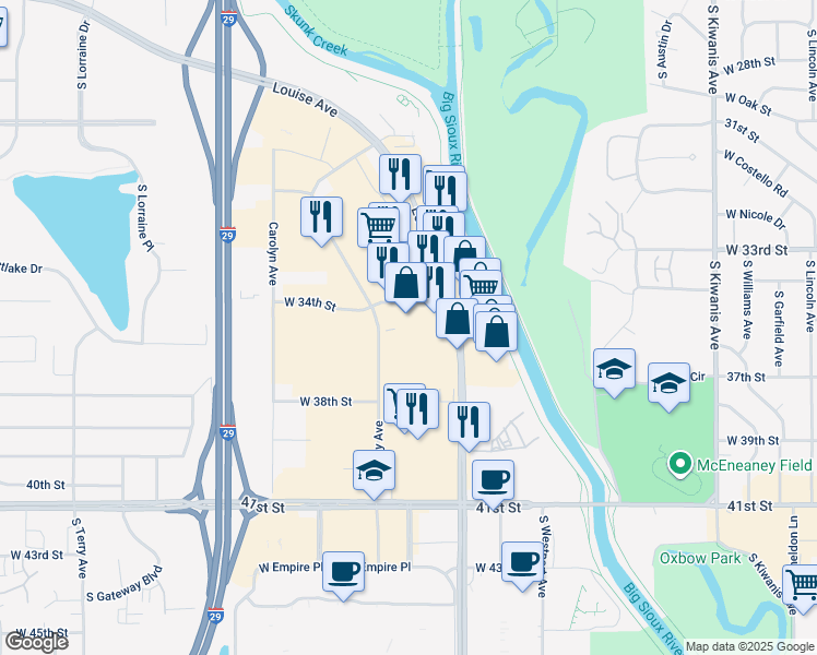 map of restaurants, bars, coffee shops, grocery stores, and more near 3201 South Louise Avenue in Sioux Falls