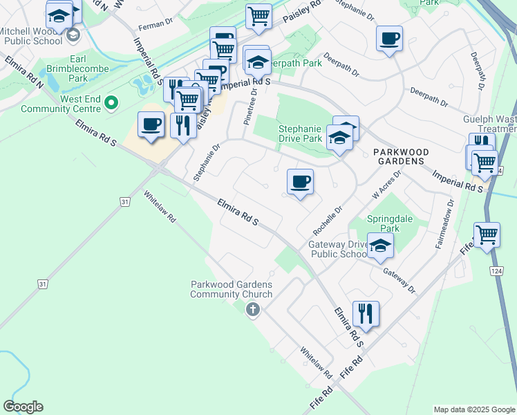map of restaurants, bars, coffee shops, grocery stores, and more near 244 Elmira Road South in Guelph