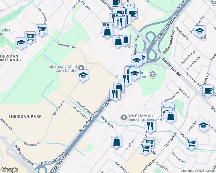 map of restaurants, bars, coffee shops, grocery stores, and more near 2281 North Sheridan Way in Mississauga