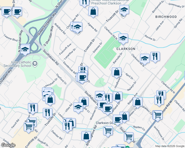 map of restaurants, bars, coffee shops, grocery stores, and more near in Mississauga