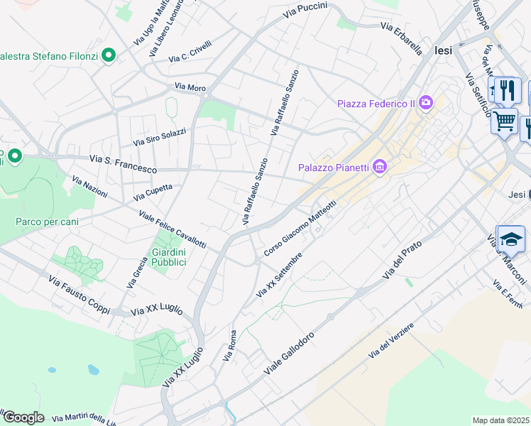 map of restaurants, bars, coffee shops, grocery stores, and more near 125 Viale della Vittoria in Jesi