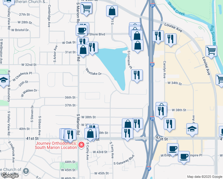 map of restaurants, bars, coffee shops, grocery stores, and more near 2745 Westlake Drive in Sioux Falls