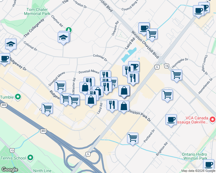 map of restaurants, bars, coffee shops, grocery stores, and more near 3075 Ridgeway Drive in Mississauga