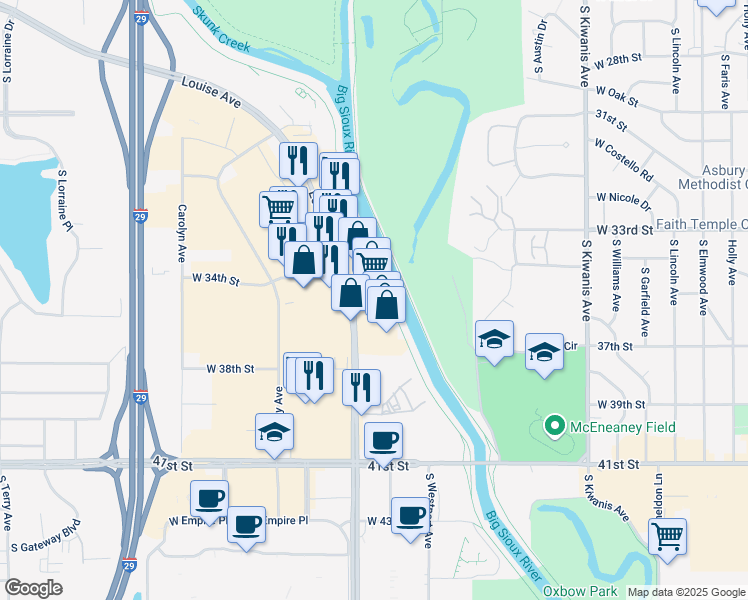 map of restaurants, bars, coffee shops, grocery stores, and more near 2808 South Louise Avenue in Sioux Falls