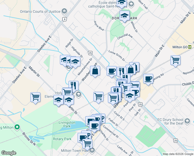 map of restaurants, bars, coffee shops, grocery stores, and more near 396 Broadway Avenue in Milton
