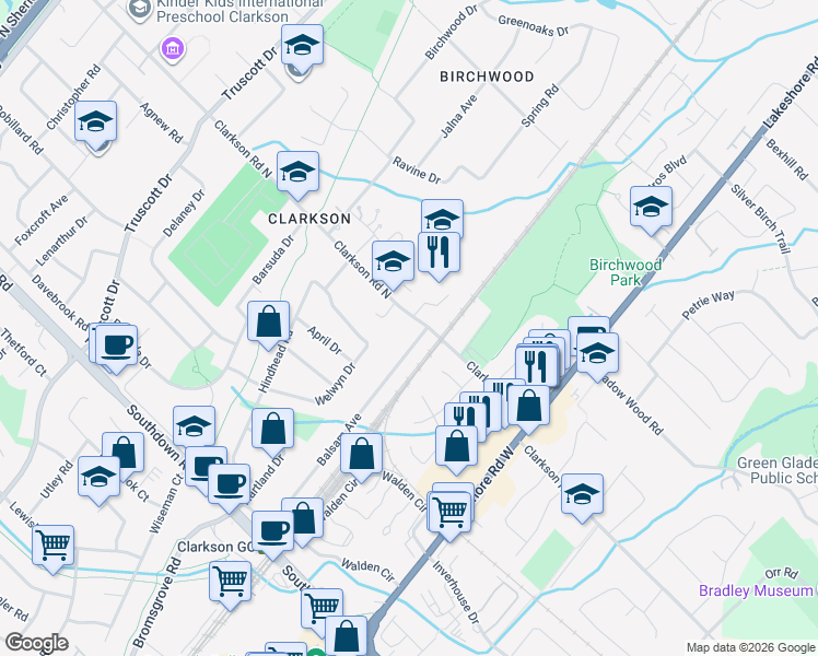 map of restaurants, bars, coffee shops, grocery stores, and more near 1770 Balsam Avenue in Mississauga