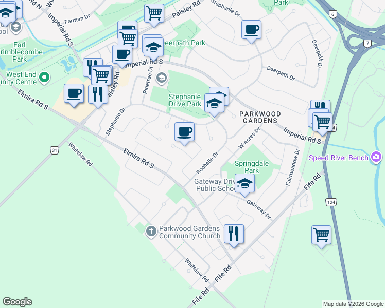 map of restaurants, bars, coffee shops, grocery stores, and more near 53 Darby Road in Guelph