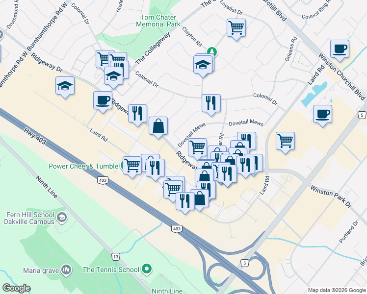 map of restaurants, bars, coffee shops, grocery stores, and more near 3436 Dovetail Mews in Mississauga