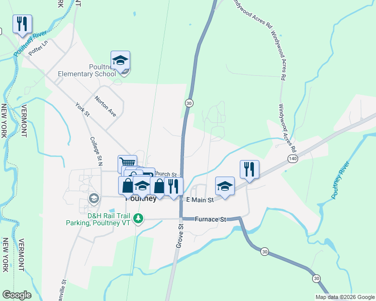map of restaurants, bars, coffee shops, grocery stores, and more near 152 Beaman Street in Poultney