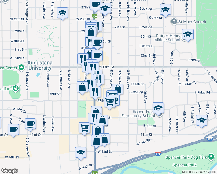 map of restaurants, bars, coffee shops, grocery stores, and more near 2805 South Center Avenue in Sioux Falls