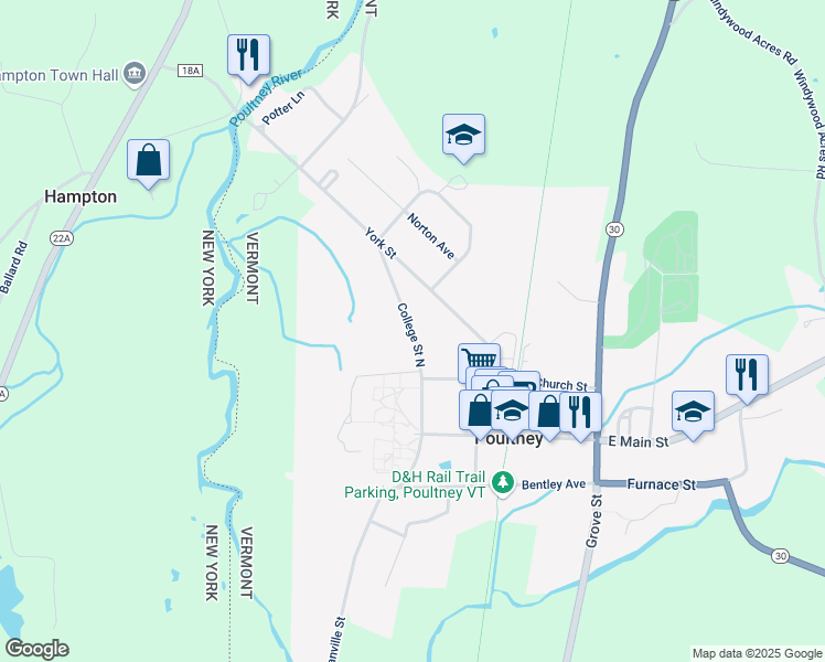 map of restaurants, bars, coffee shops, grocery stores, and more near College Street North in Poultney