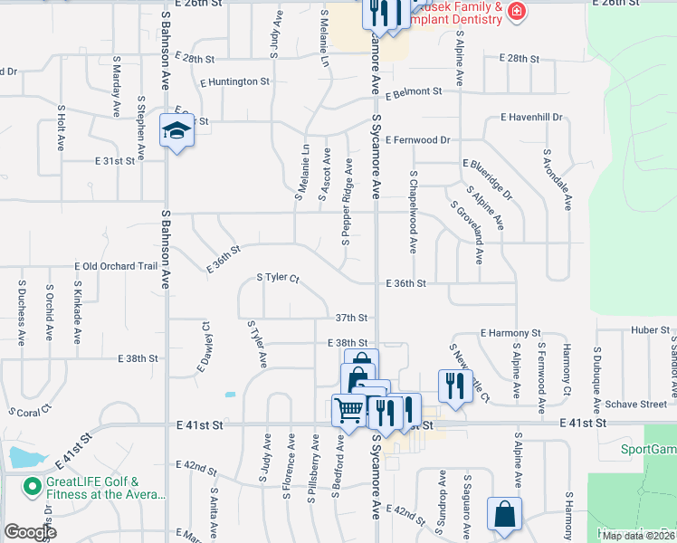 map of restaurants, bars, coffee shops, grocery stores, and more near 4328 East 36th Street in Sioux Falls