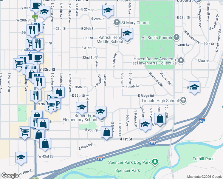 map of restaurants, bars, coffee shops, grocery stores, and more near 2701 South 5th Avenue in Sioux Falls