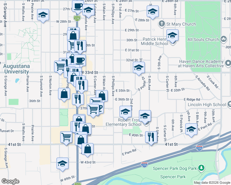 map of restaurants, bars, coffee shops, grocery stores, and more near 101 East 35th Street in Sioux Falls