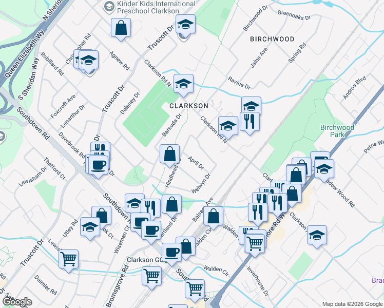 map of restaurants, bars, coffee shops, grocery stores, and more near 1239 April Drive in Mississauga