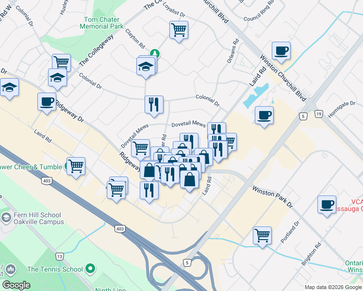 map of restaurants, bars, coffee shops, grocery stores, and more near 3189 Coldstream Road in Mississauga