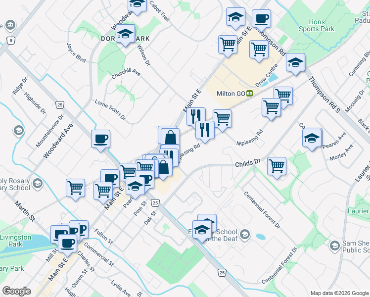 map of restaurants, bars, coffee shops, grocery stores, and more near 70 Nipissing Road in Milton